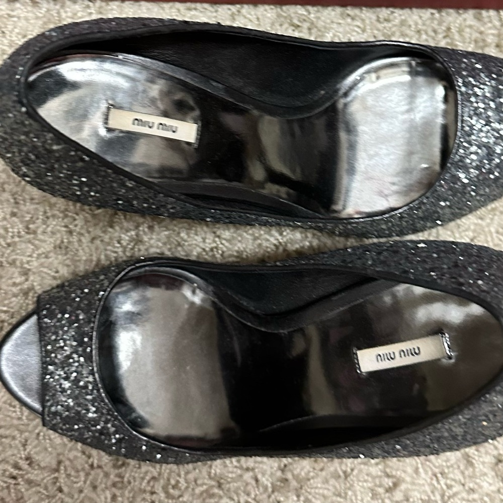 Miu Miu gray glitter peep toe pumps size 9